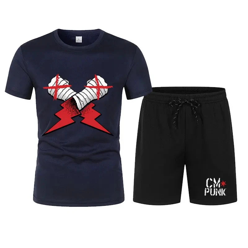Men's black CM return punk T-shirt shorts suit summer short-sleeved men fashion comfortable loose clothing suit