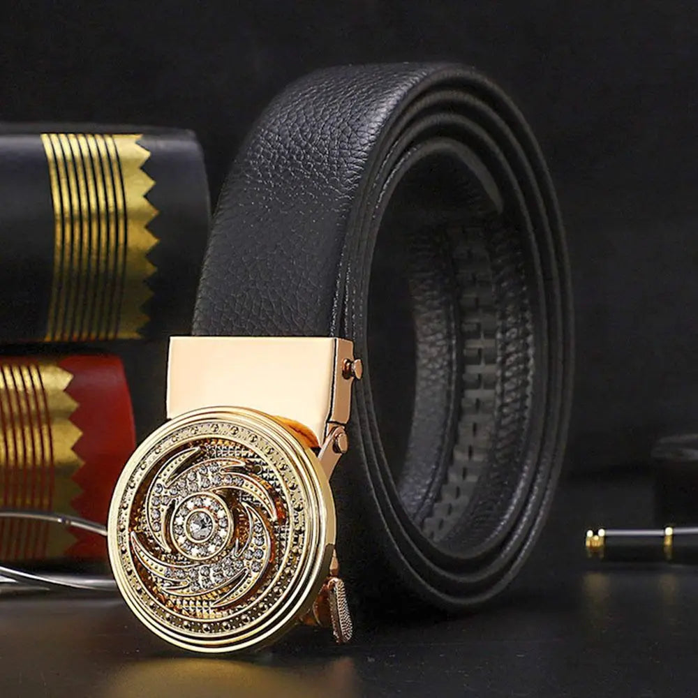 Business Time To Run Belt  Automatic Buckle Leather Belt Silver Waist Buckle Males Luxury Belt Rhinestone Decoration