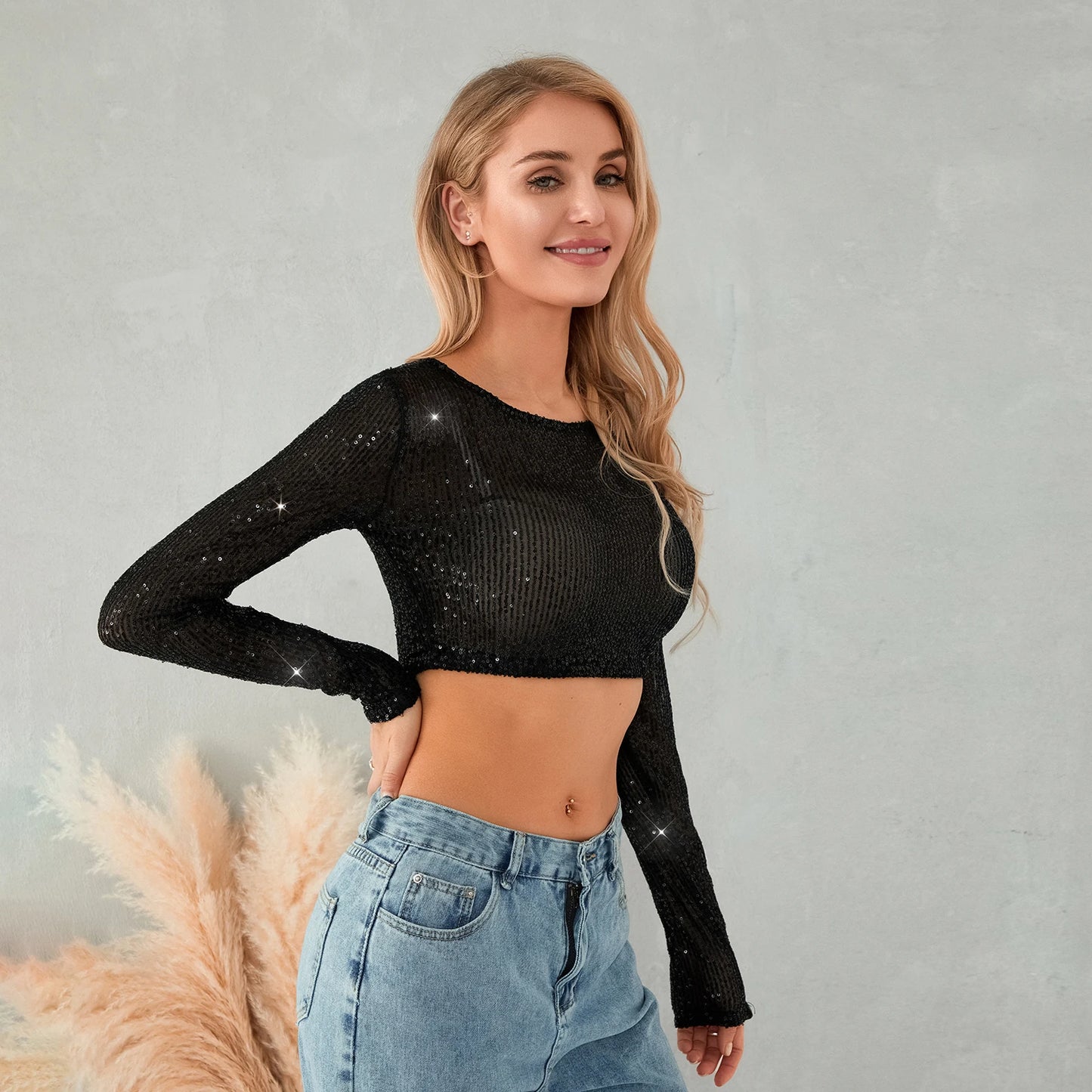Women’s Full Sequin Cropped Tops Long Sleeve Round Neck Glitter Sparkle
