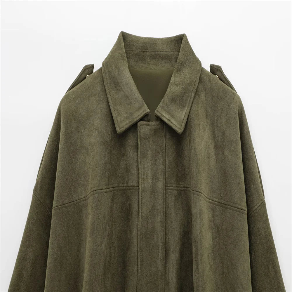 Women Faux Suede Collared Jacket with Shoulder Straps Loose Fit Stylish Olive Green