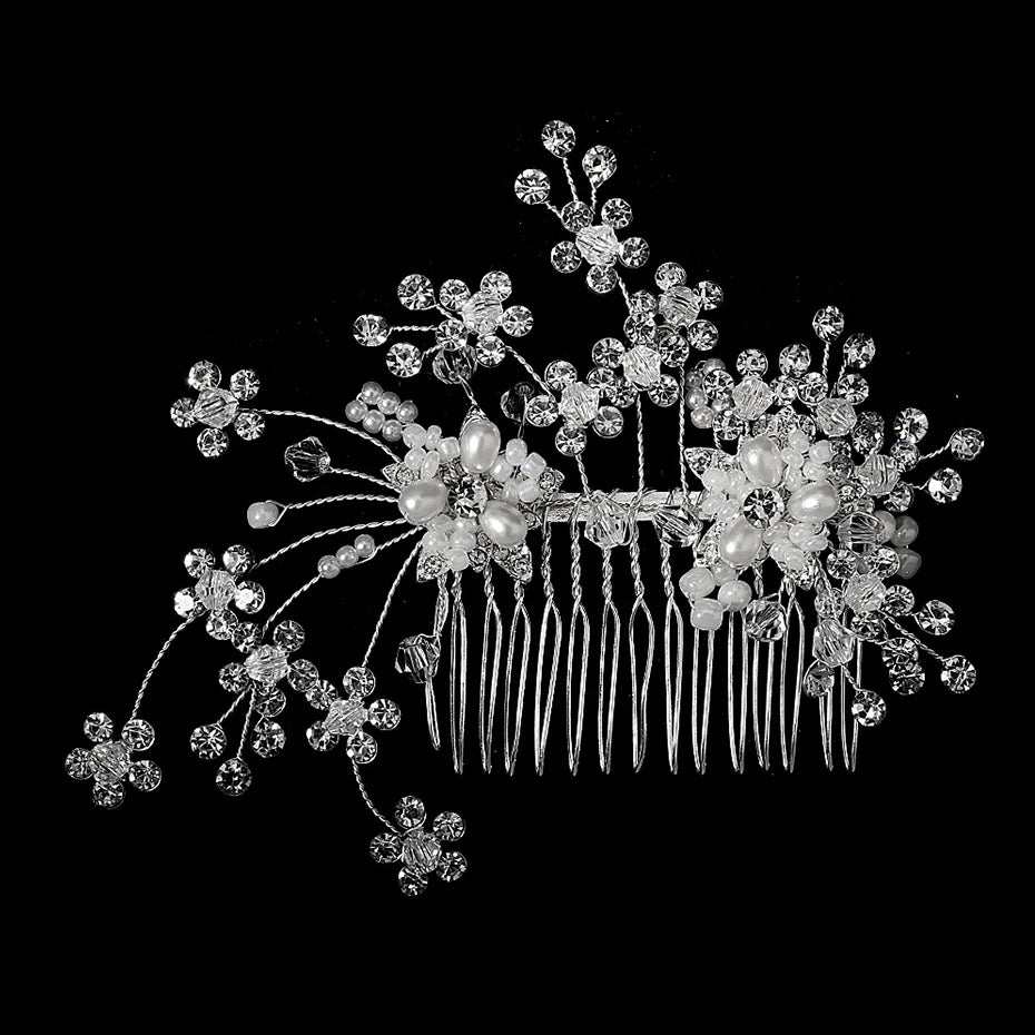 Silver Color Rhinestone Hair Comb Pearl Crystal Hair Accessories Ornament Prom Bridal Flower Headpiece Jewelry