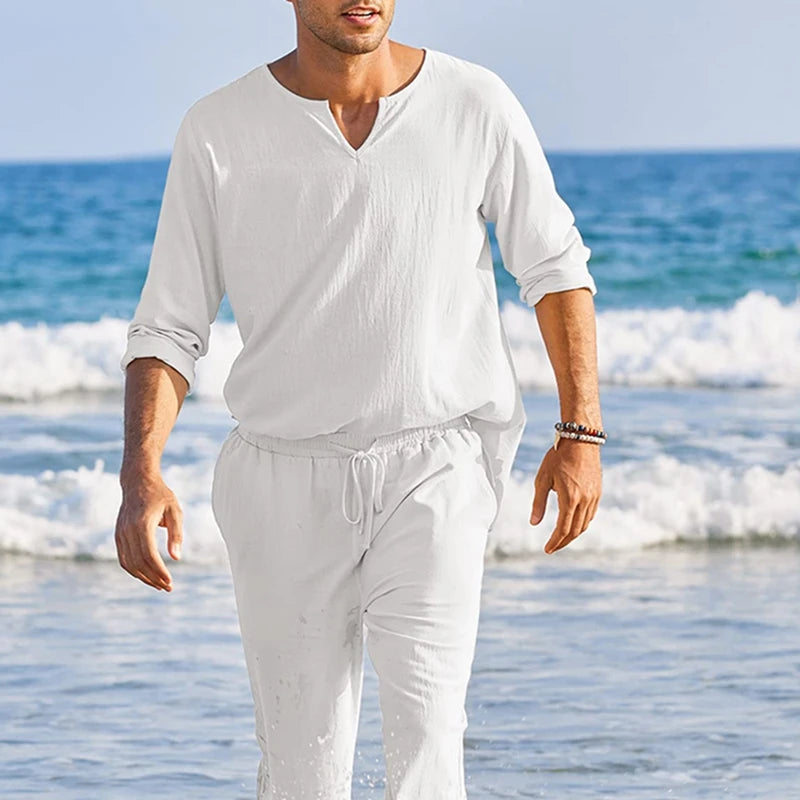 Men's Summer Cotton Linen Clothes Solid Color Long Sleeve Henley Shirt Elastic Waist Drawstring Pants 2 Pieces Loungewear Set
