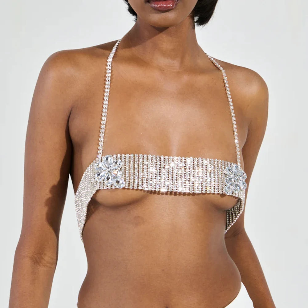 Crystal Flower Chest Top Bikini Body Accessories Rhinestone Bra Chain Lingerie Jewelry