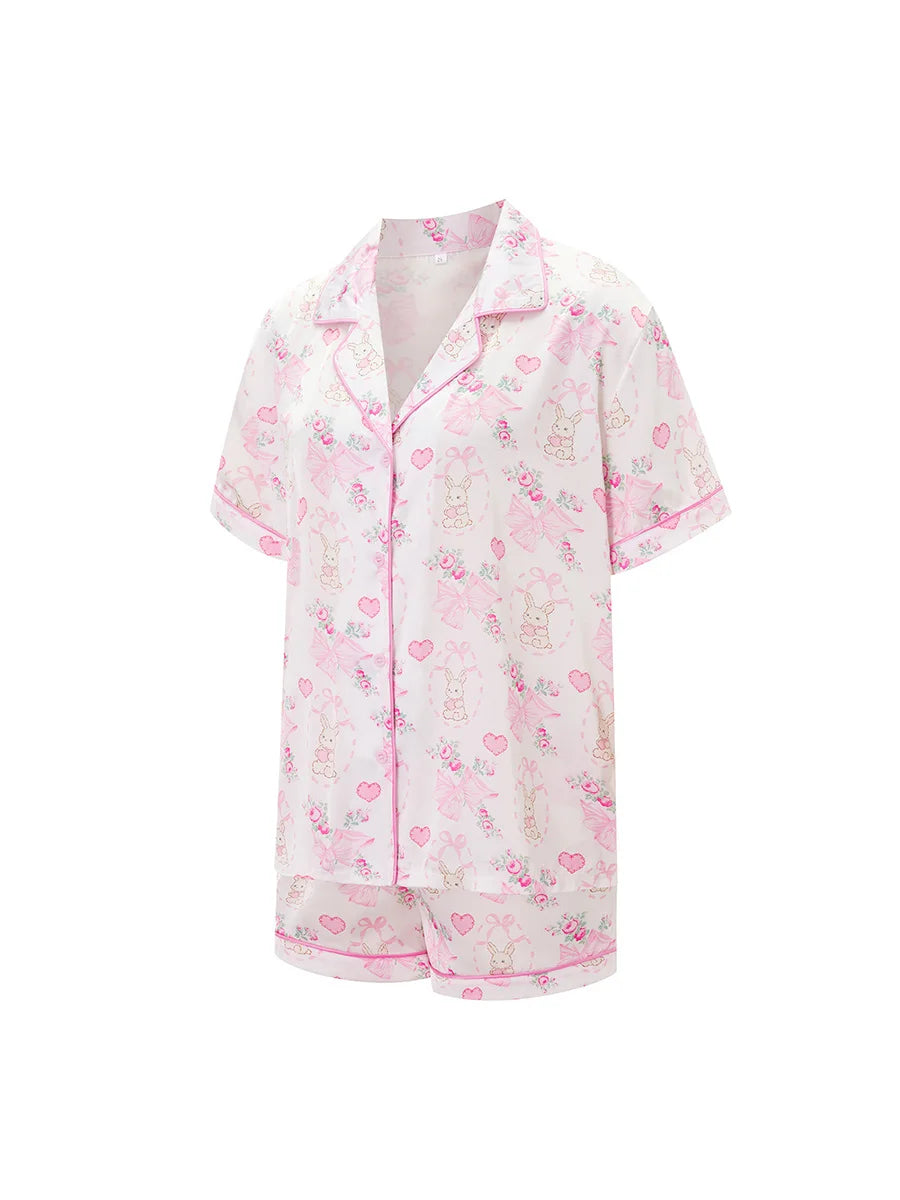 Women s Pajama Set with Cute Bunny Print Short Sleeve Button-up Top and Shorts 2 Piece Lounge Outfit