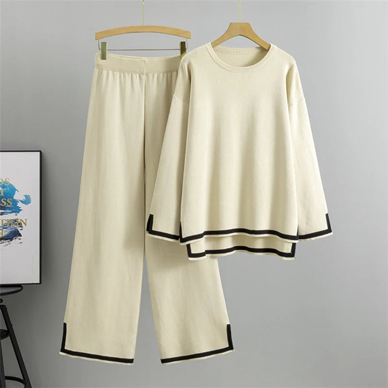 Elegant O-neck Side Slit Pullover Long Sleeve Sweater + Wide Leg Pants 2 Piece Sets Women's  Solid Color Casual Pantsuit