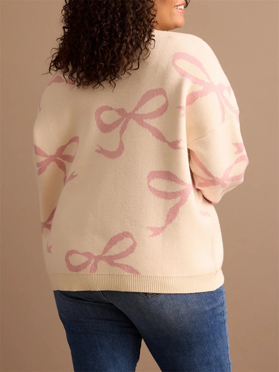 Women s Plus Size Sweater Bow Print V-Neck Long Sleeve Pullover Knit