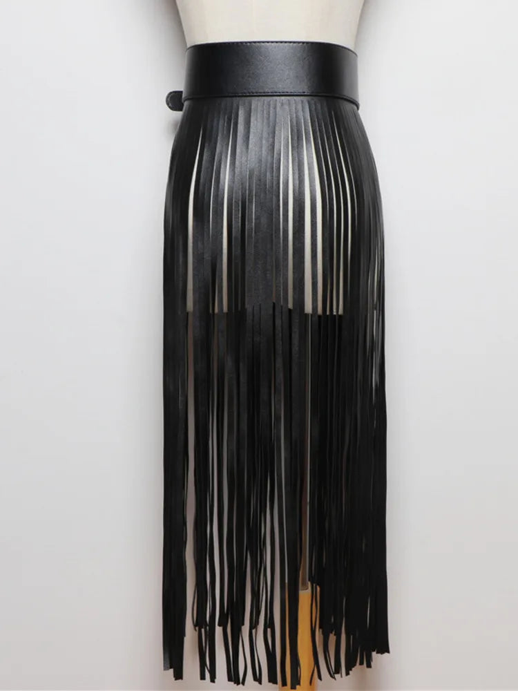 Leather Skirt Women Belt Black Full Tassels