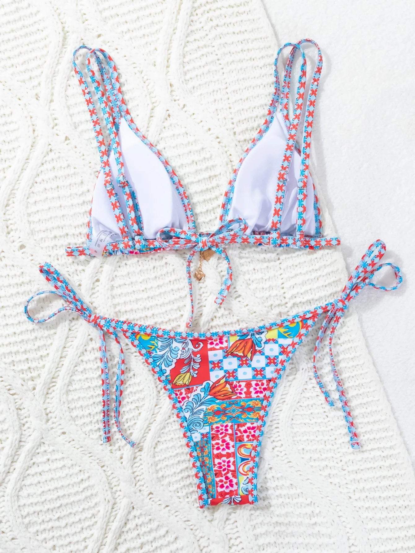 Colorful Printed Bikini Set for Women  Thong Triangle Bra 2 Piece Swimsuit Suspender Backless
