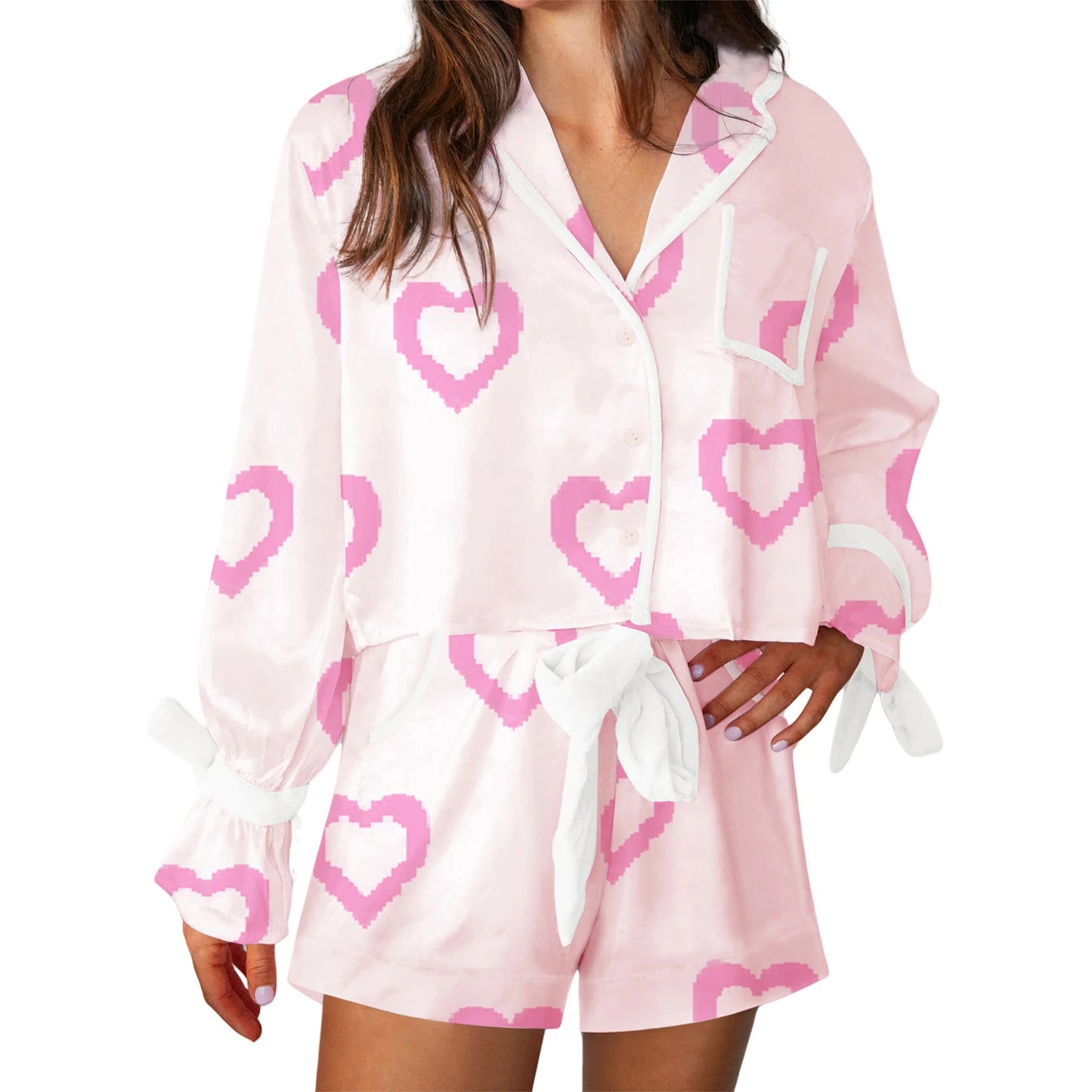 Valentine s Day  Pajama Set with Heart Print Long Sleeve Shirt and Drawstring Shorts  Sleepwear Comfort