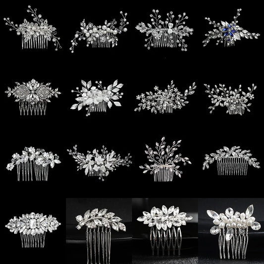 Silver Alloy Hair Comb Handmade Pearls Rhinestones Fashion Metal Headpiece Elegant Hair Jewelery Accessory For Women
