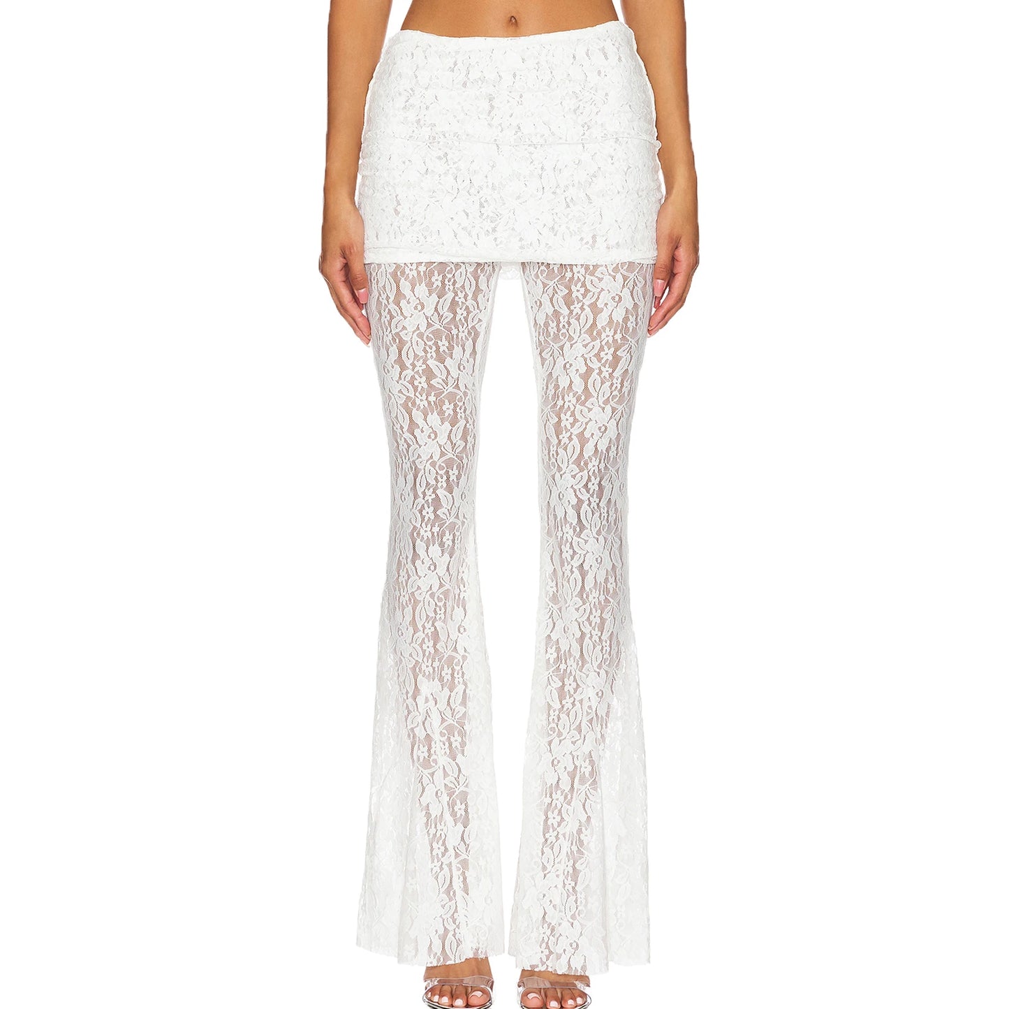 Elegant Lace Overlay Flared Pants with Elastic Waistband and Skirt Detail Stylish Bell Bottom Trousers for Women