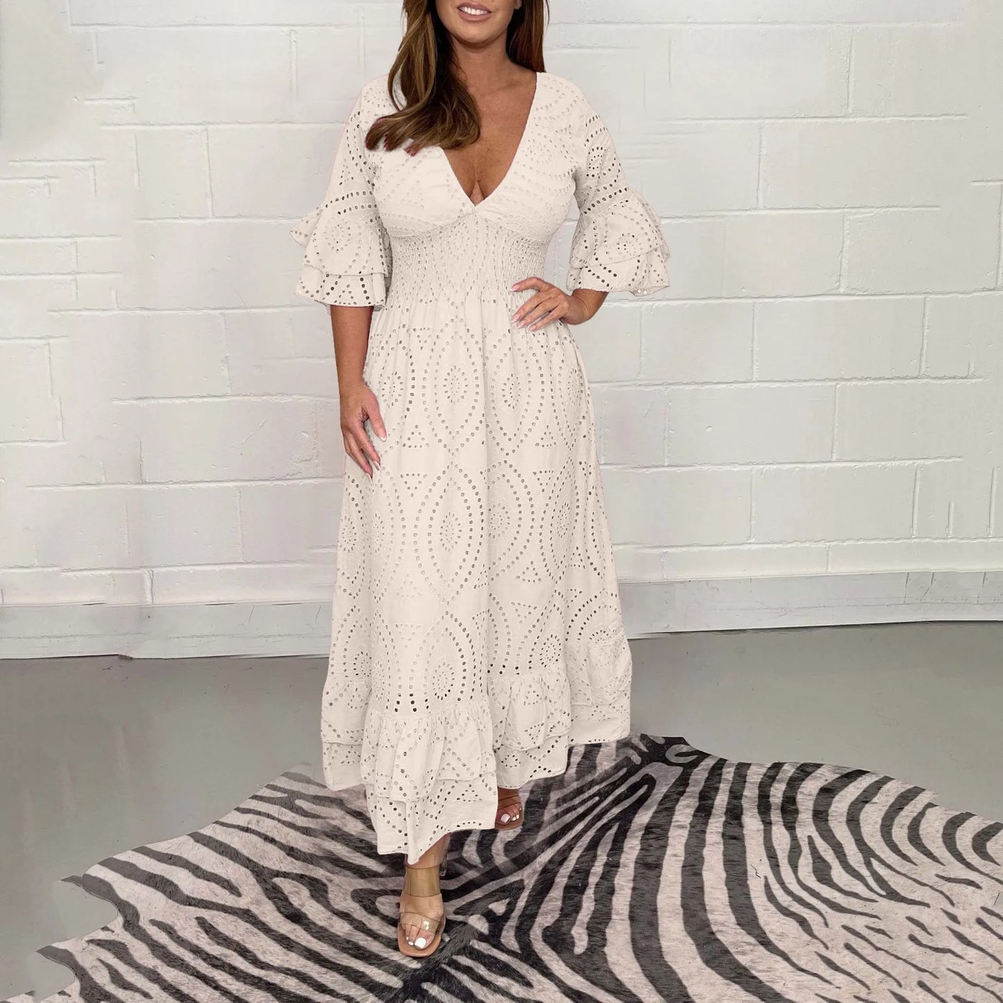 Women's Elegant V-neck  Hollow Out  Long Dress Summer  Casual Flare Sleeve  Dress