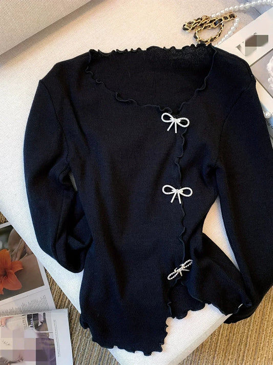 Casual Long Sleeve Sweater Solid Lettuce Trim Bowknot Pullover Sweater For Spring & Fall Women's Clothing Fashion