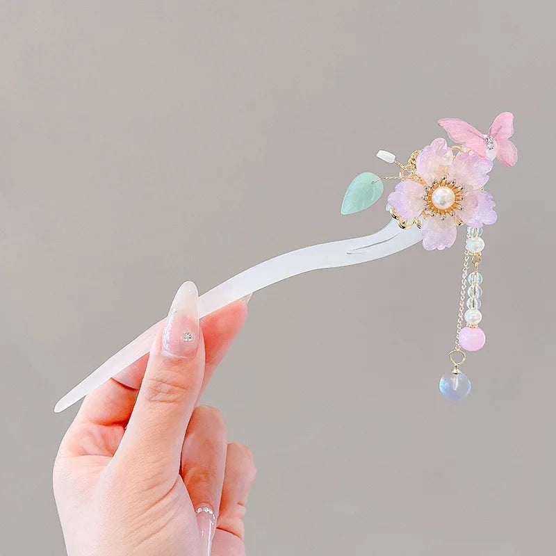 Elegant Chinese Style Hair Accessory Romantic Enameled Flower Tassel Hair Pin Alloy Jewelry Hairpin For Women Fashion Hairpin