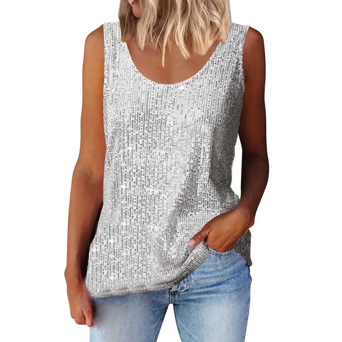 Sequin Women Summer Tank Top Fashion Round Neck Sleeveless Tanks Tops Women Blouses
