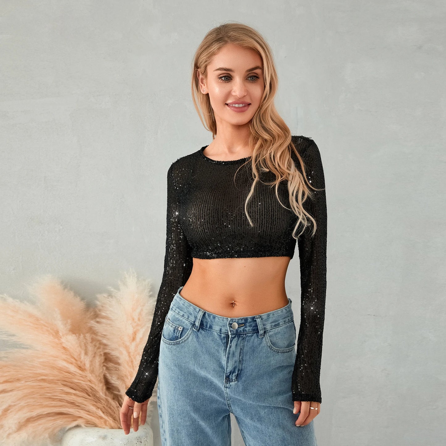 Women’s Full Sequin Cropped Tops Long Sleeve Round Neck Glitter Sparkle