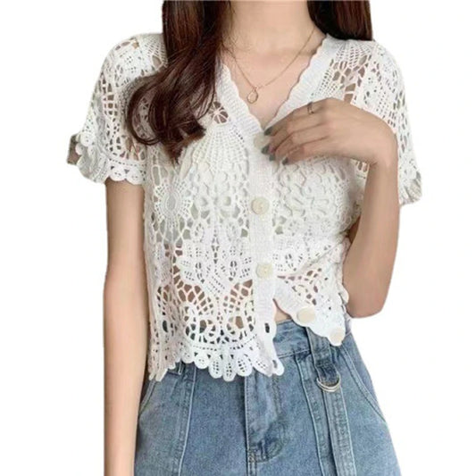 Women French Style Short Sleeve Lace Hollow Out Crochet Knit   V-Neck Button Down Sheer Crop