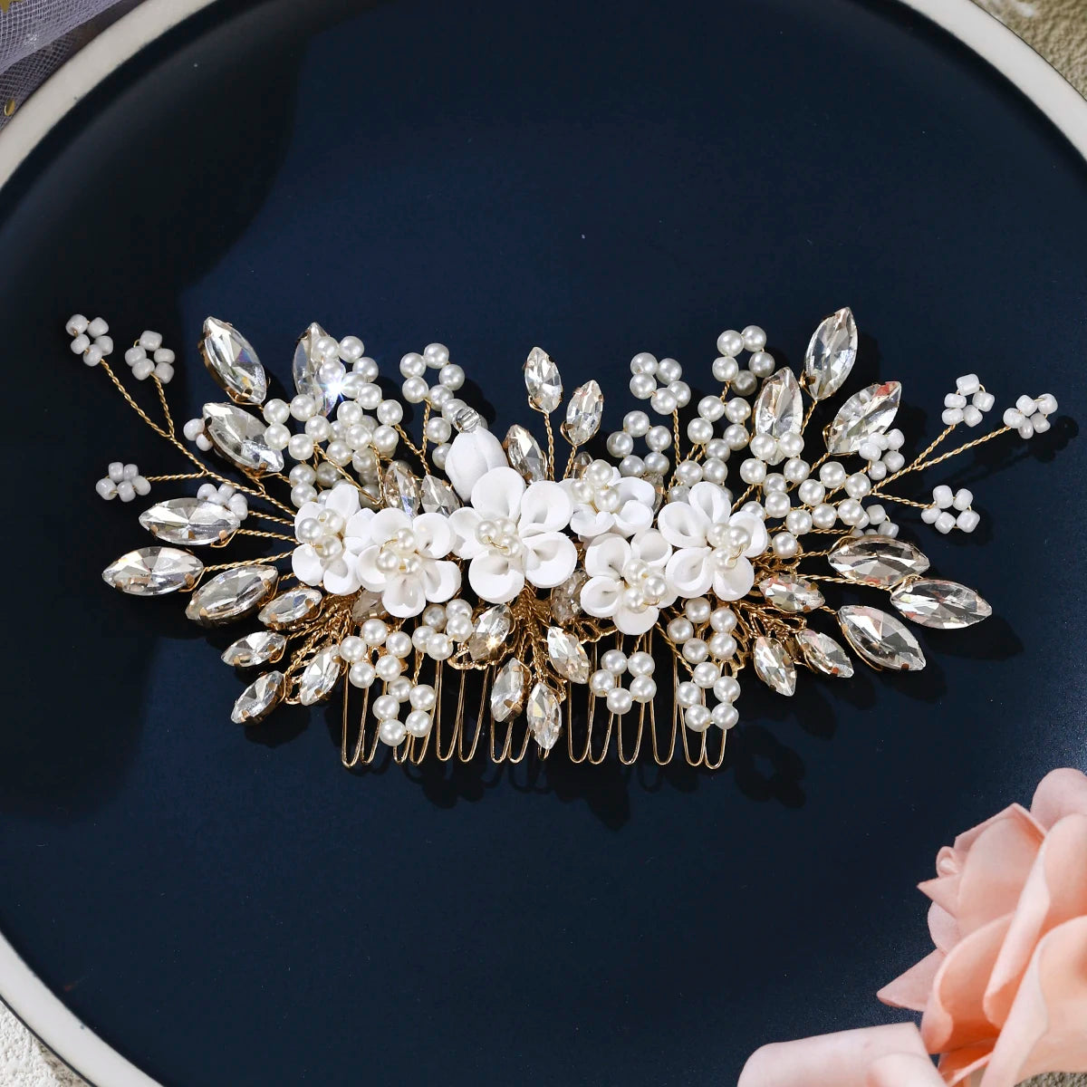 Silver Color Rhinestone Hair Comb Pearl Crystal Hair Accessories Ornament Prom Bridal Flower Headpiece Jewelry