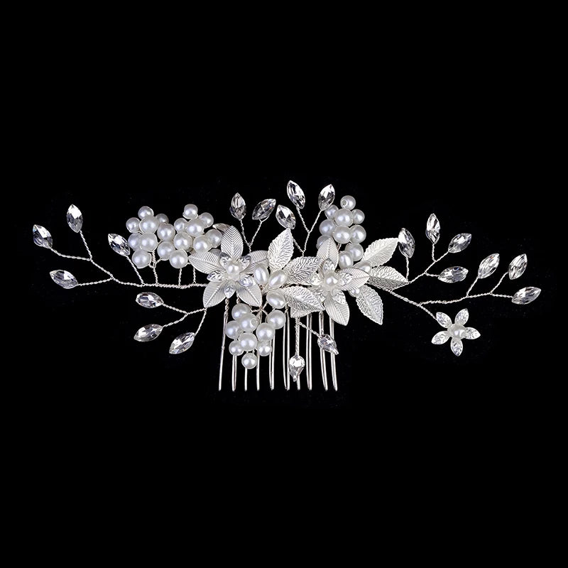 Silver Alloy Hair Comb Handmade Pearls Rhinestones Fashion Metal Headpiece Elegant Hair Jewelery Accessory For Women