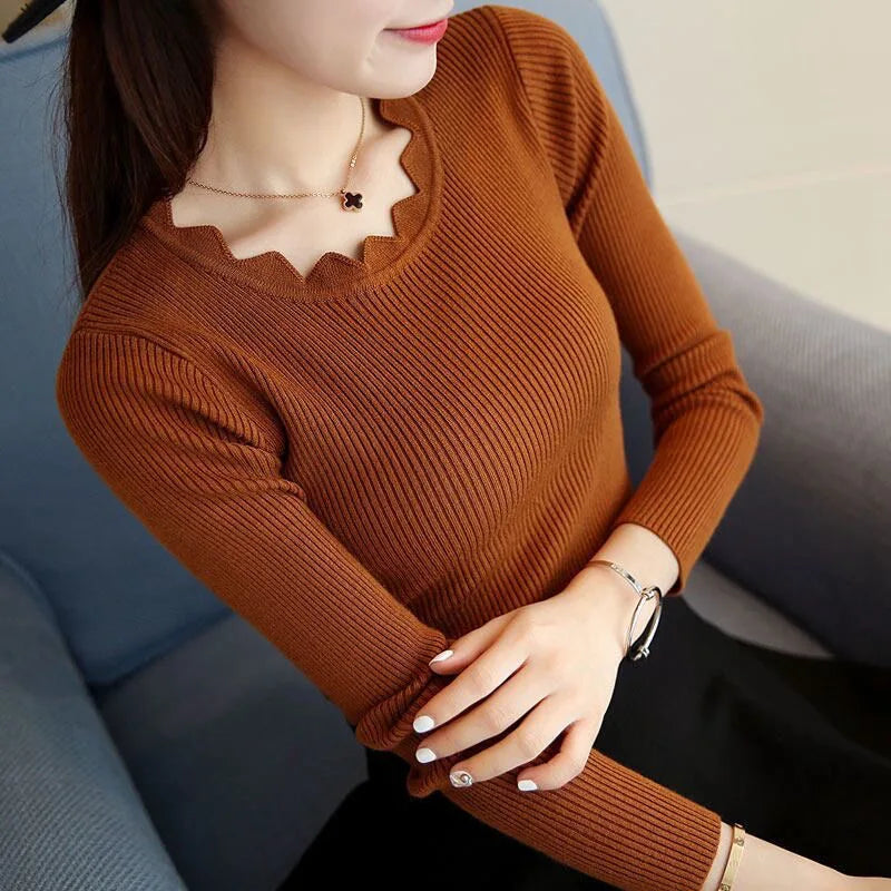 Fashion Long Sleeve Elegant O-neck Women Sweater Autumn Solid  Knitted Tops Winter Casual Pullover Jumper