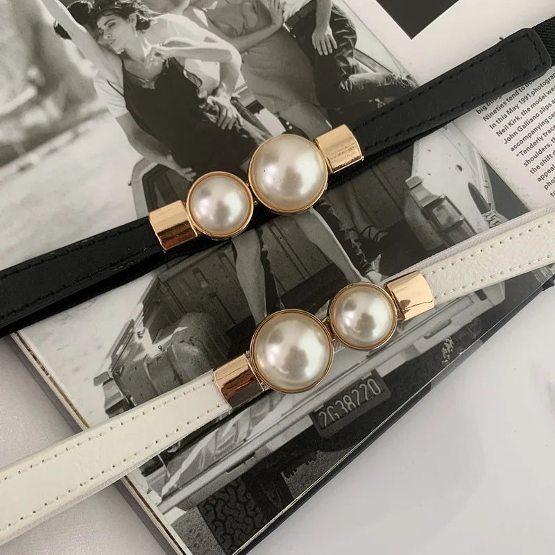 Women's Thin Elastic Belt Decorative Dress Double Pearl Buckle Belt Waistband