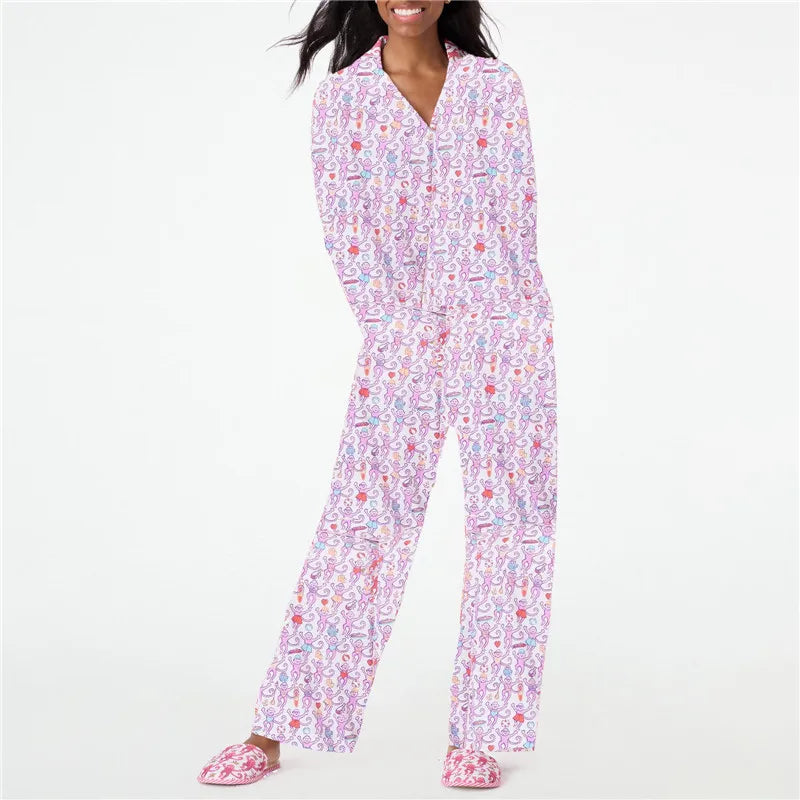 Roller Rabbit Monkey Pajamas Preppy Pjs Pants Sets For Women  Long Sleeve Pajamas Set 2 Piece Loungewear