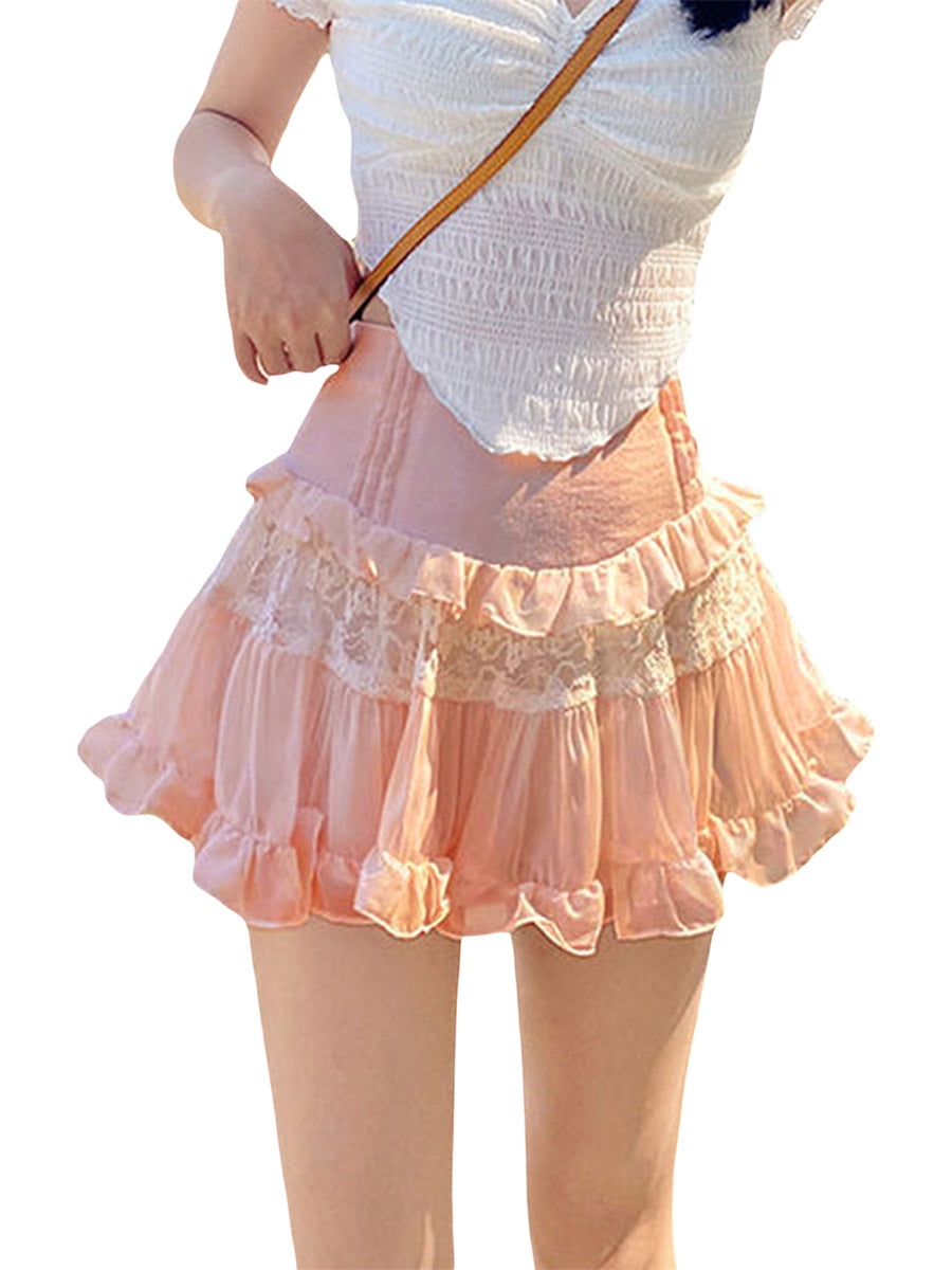 Summer Mini Skirt Cute High Waist Lace Patchwork Ruffle Hem A-Line Skirts