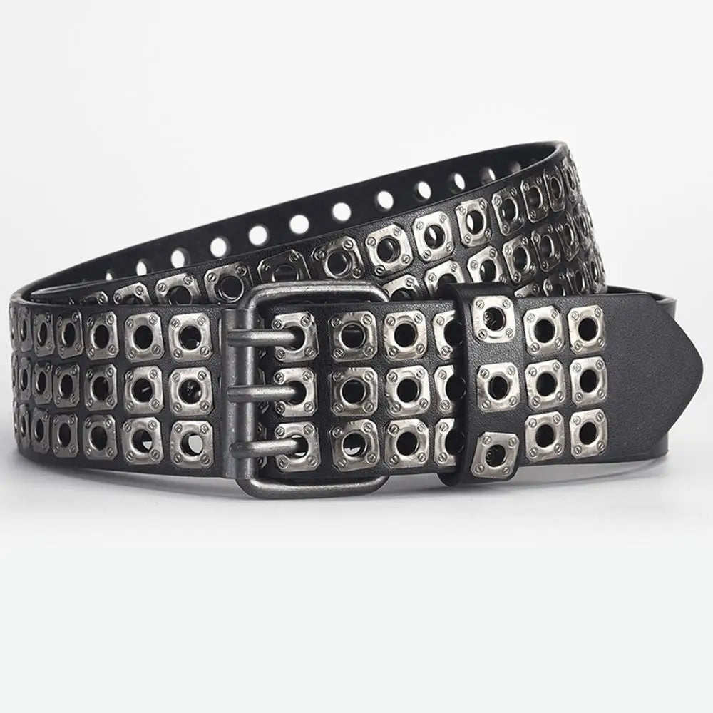3.8cm Width PU Leather Belt With Metal Rivet Design 3 Pin Buckles Waistband Goth Belt