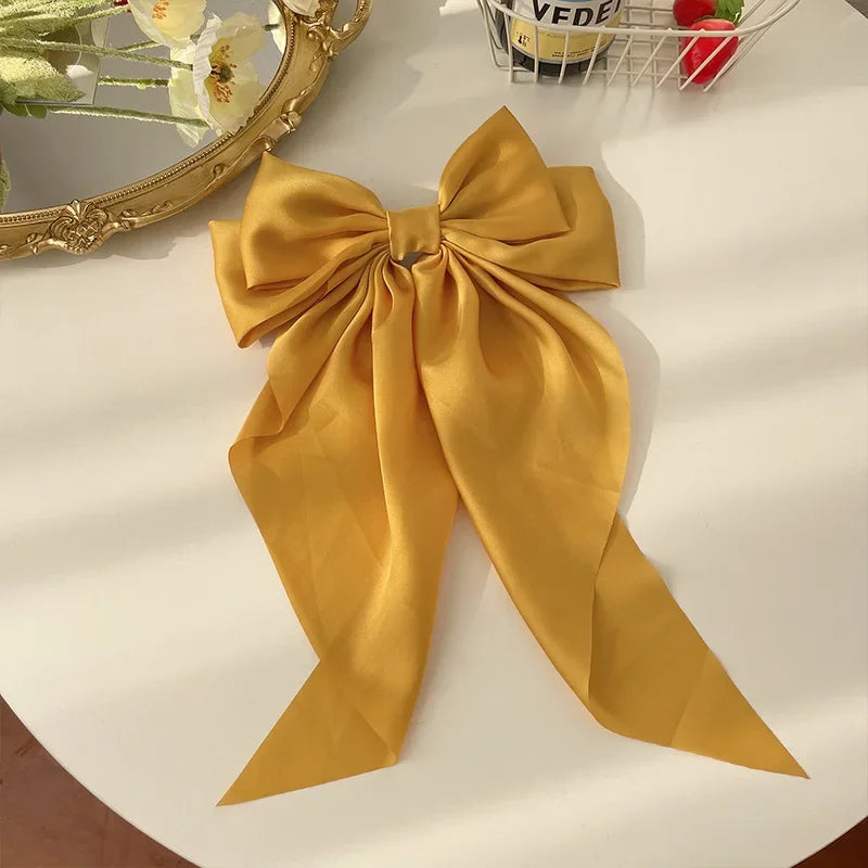Hair Clips for Women  Big Bowknot Solid Satin Long Ribbon Bows Spring Clamp Barrette
