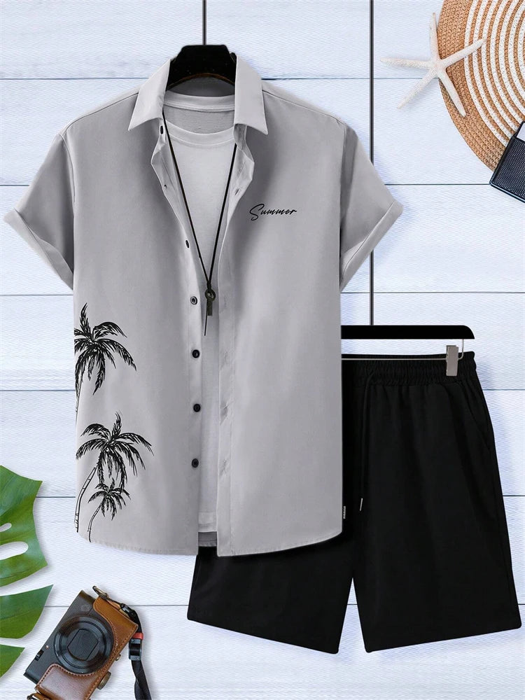 Summer  Men's Short Sleeve Shirt and Shorts 2 Piece Set Fashion Coconut Tree Print Lapel Shirt Beach Drawstring Shorts Set