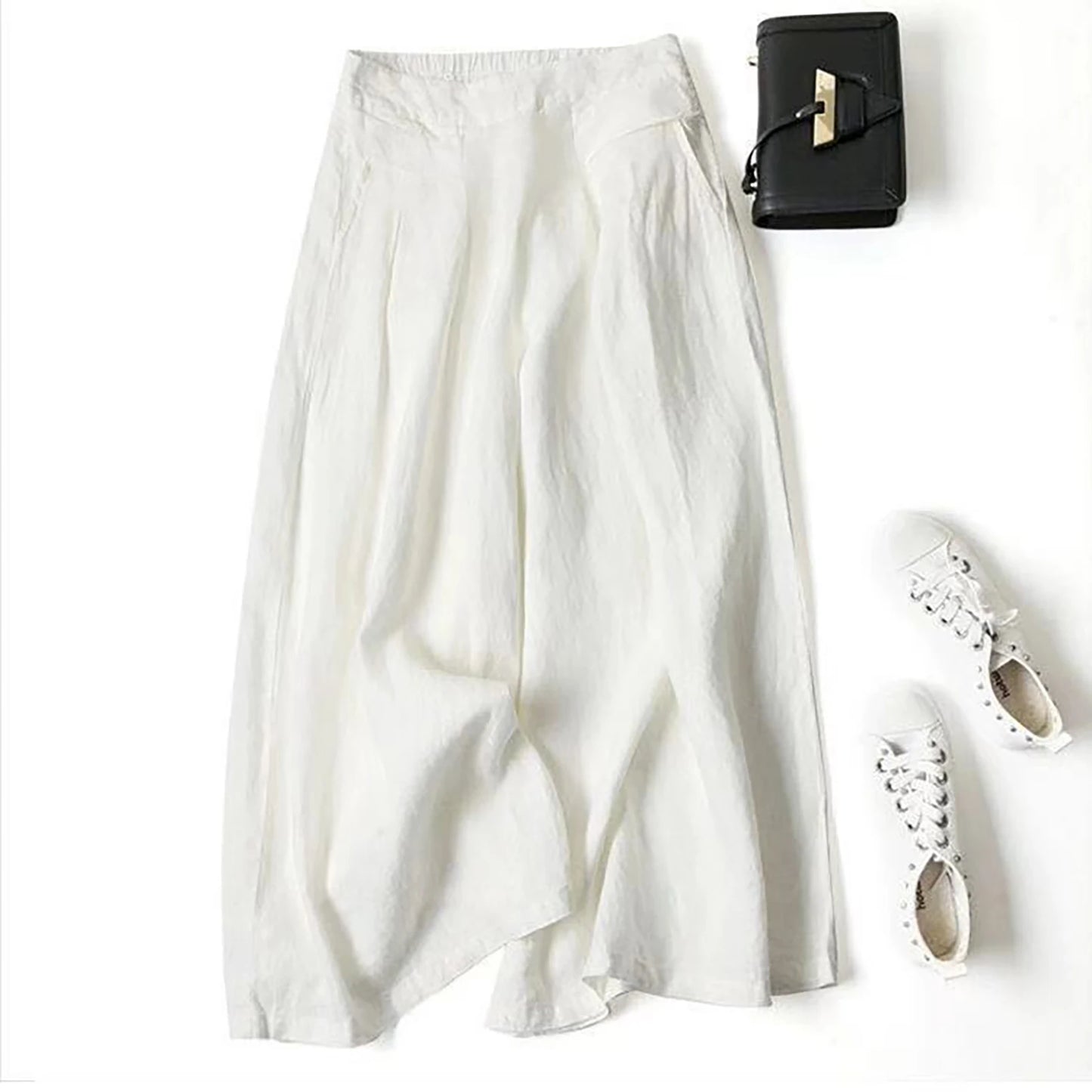Summer Pants for Women Cotton Linen Large Size Wide Leg Pants Femme Arts Style Elastic Waist Solid Casual Loose