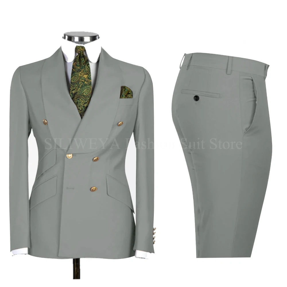 Gold Men Business Casual Men's Suits Jacket Pants Set Male Blazer Coat Pants 2PCS Slim Fit Suits