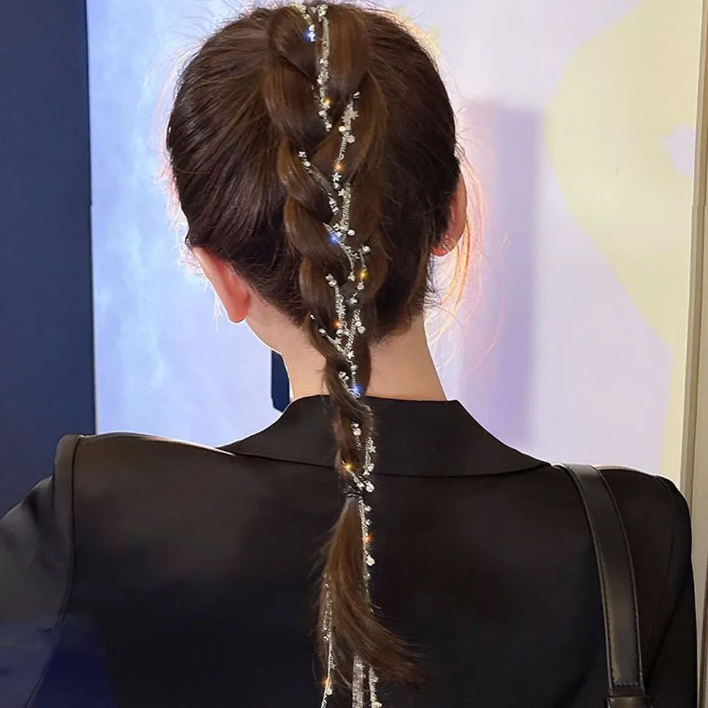 Fashion Rhinestone Chains Tassel Braided Hair Chain Shining Ponytail Hair Accessories For Women
