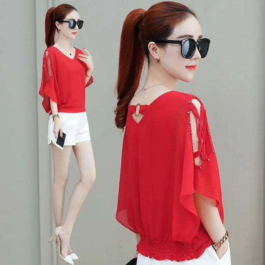 V-neck Short Sleeve Chiffon Shirt
