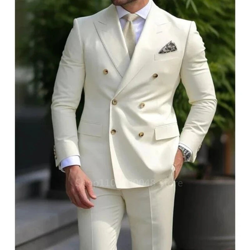 Solid 2 Pieces Men Suits Set Fashion Men's Formal Business/Wedding Groom Suits Peak Lapel Double Breasted Blazer Trousers