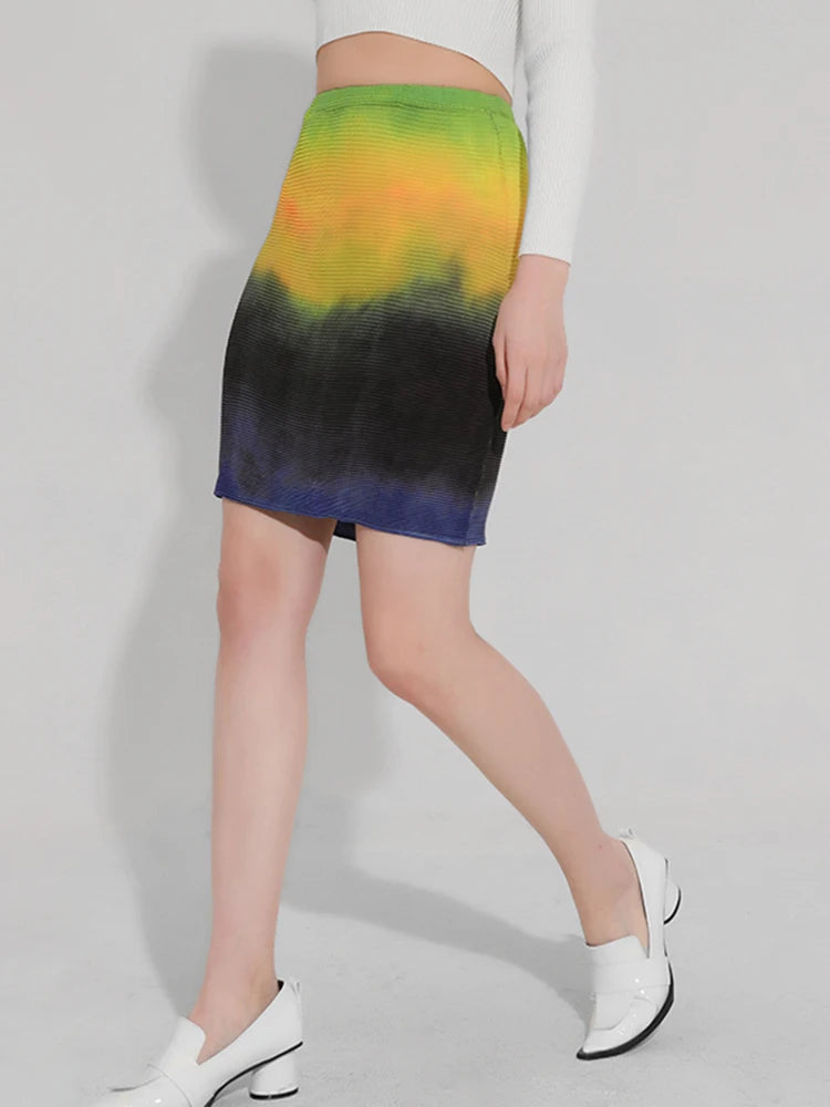 Color Block Pleated Short Skirt