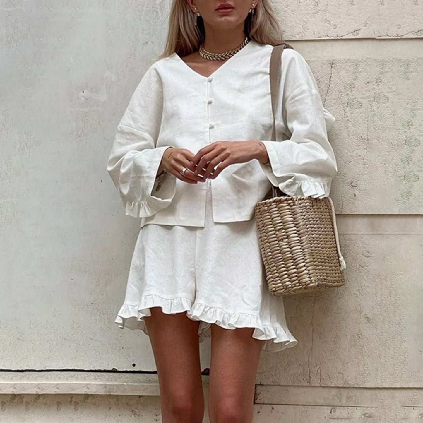 Solid Color V Neck Long Sleeve Tops Elastic Waist Ruffle Shorts 2 Piece Casual Set