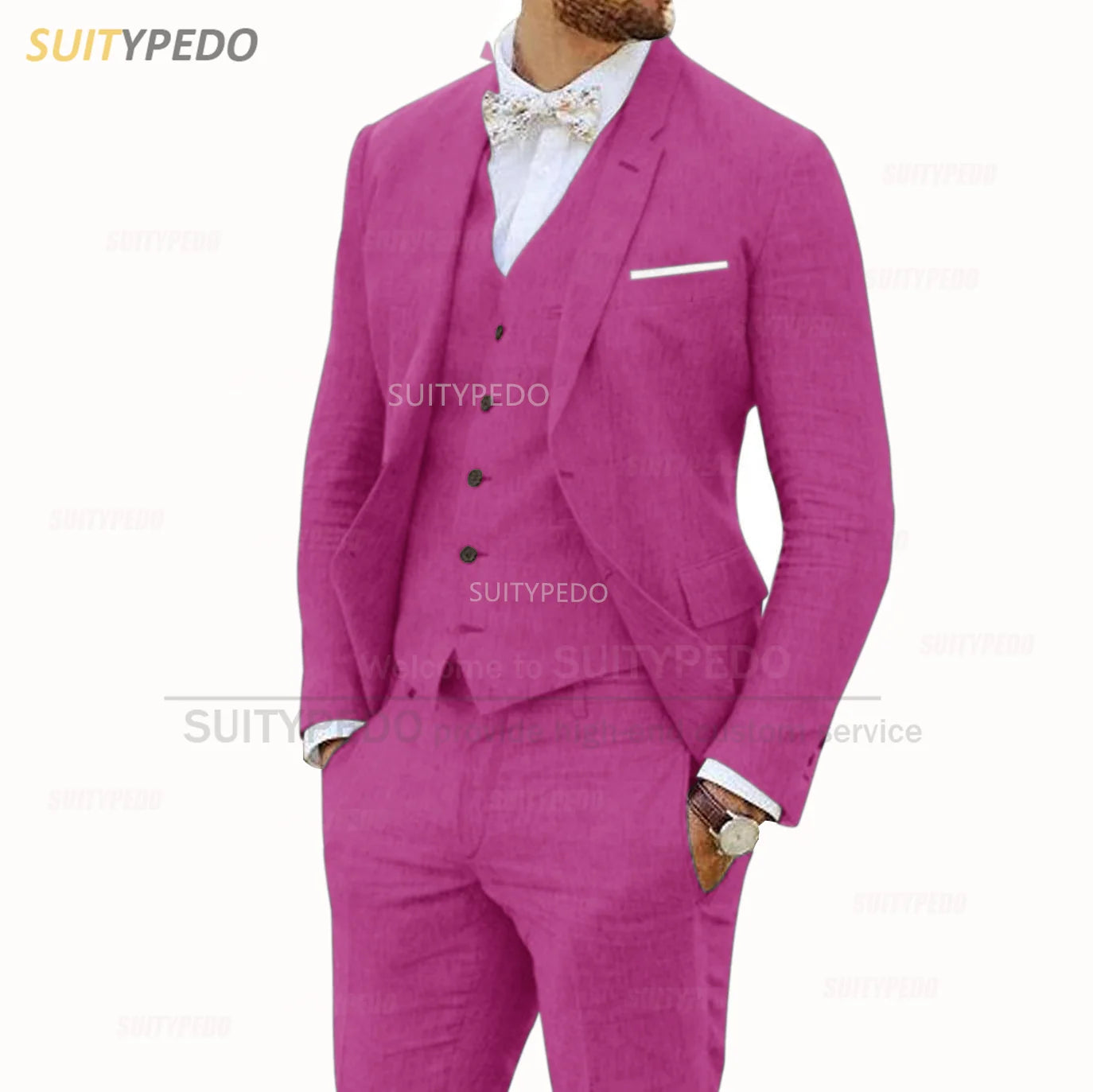 Linen Suits for Men 3 Pieces Casual Slim Fit Suit Blazer Vest Pants Set Formal Prom Wedding Tuxedos for Groomsmen Best Man