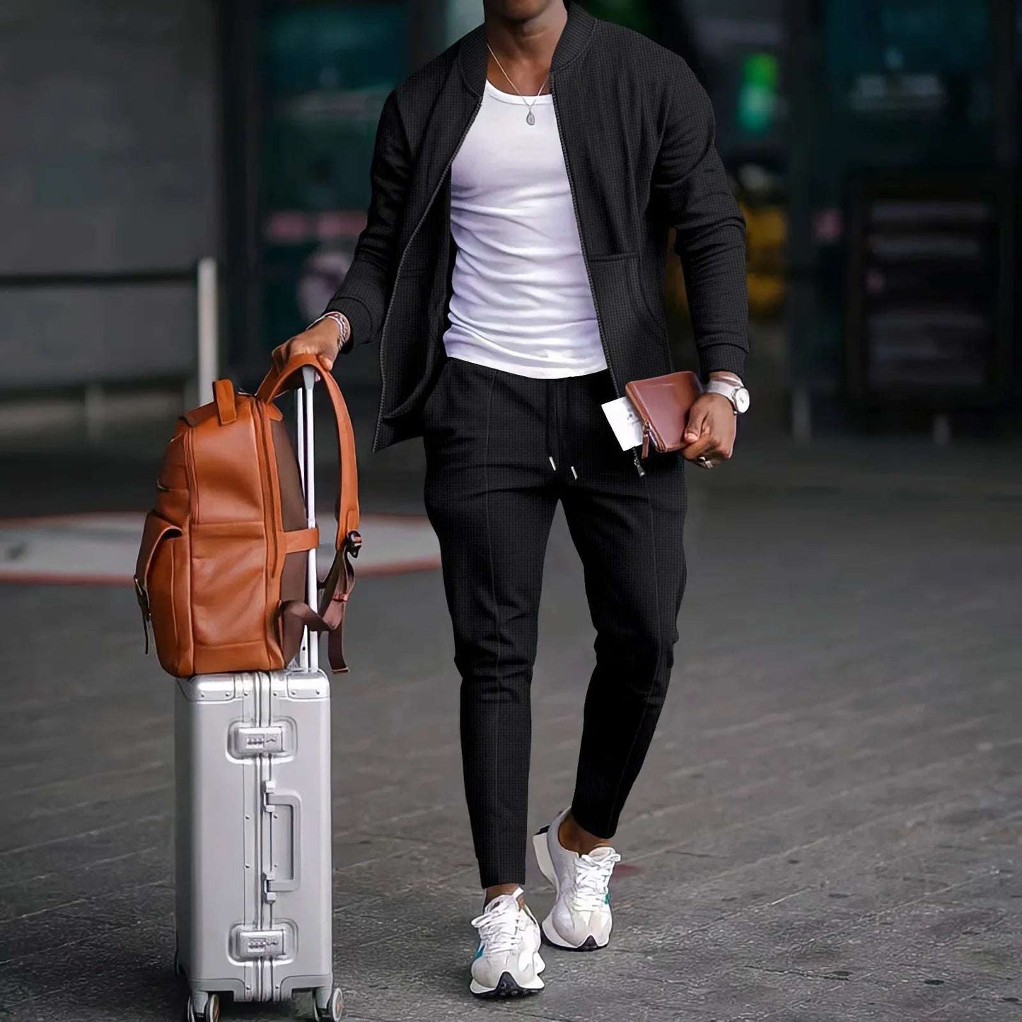 Spring men's casual blazer set new fashion Waffle baseball suit round neck pocket zipper long sleeve trousers two-piece set