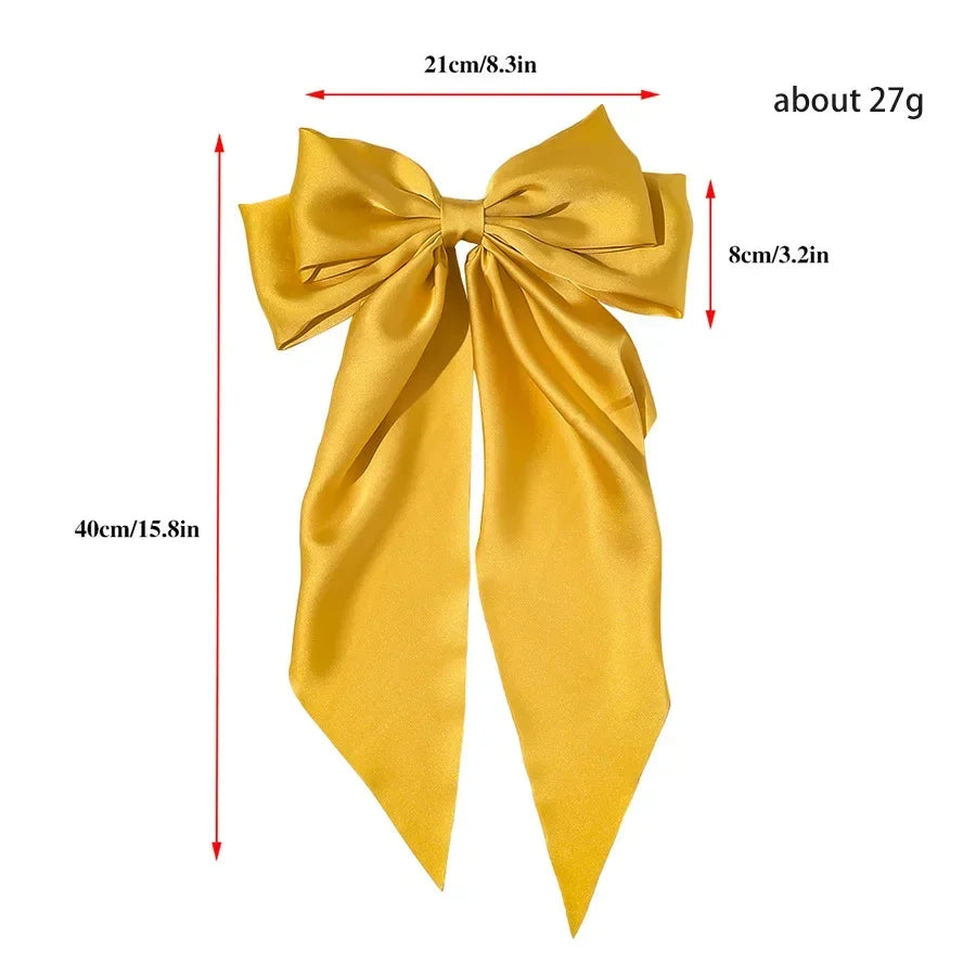 Hair Clips for Women  Big Bowknot Solid Satin Long Ribbon Bows Spring Clamp Barrette