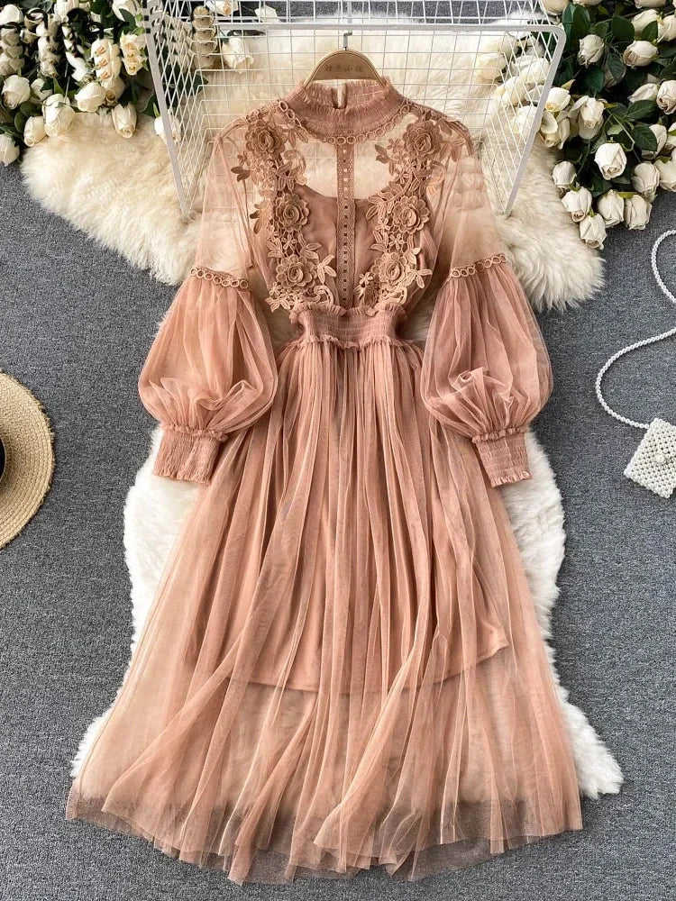 Ladies Dress Three-dimensional Flower Hook Mesh Stand Collar Lantern Sleeve High Waist Female Dresses