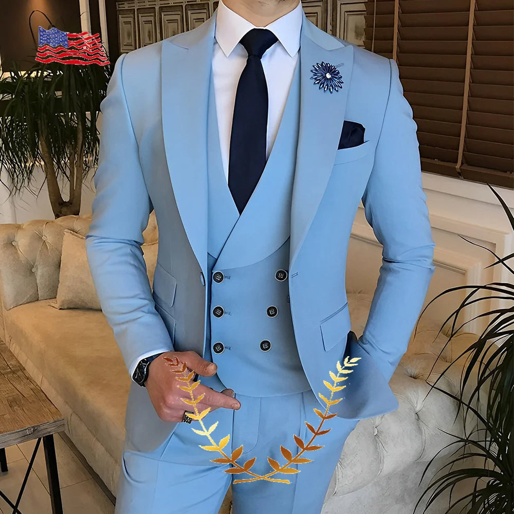 Men's Suit Jacket Pants Vest 3-piece Set Slim Fit Handsome Men Blazer for Party