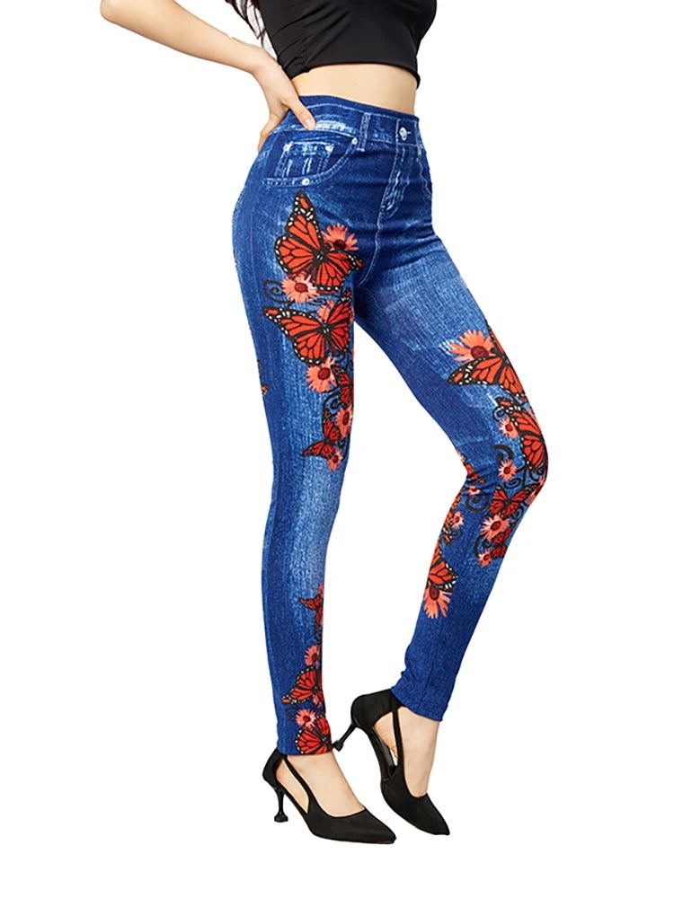 Leggings High Waist Elastic Butterfly Printed Pencil Pants Faux Denim Leggings