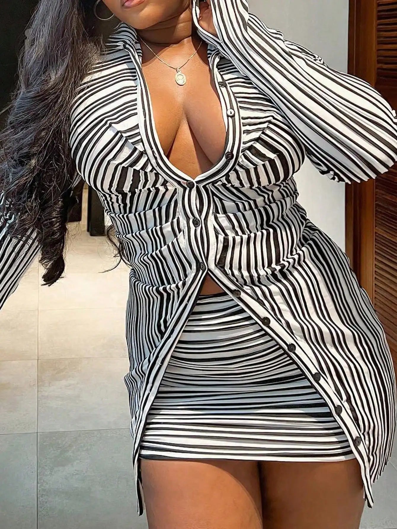 Women's Striped Two-Piece Set - Long-Sleeve Button-Down Shirt & Mini Skirt