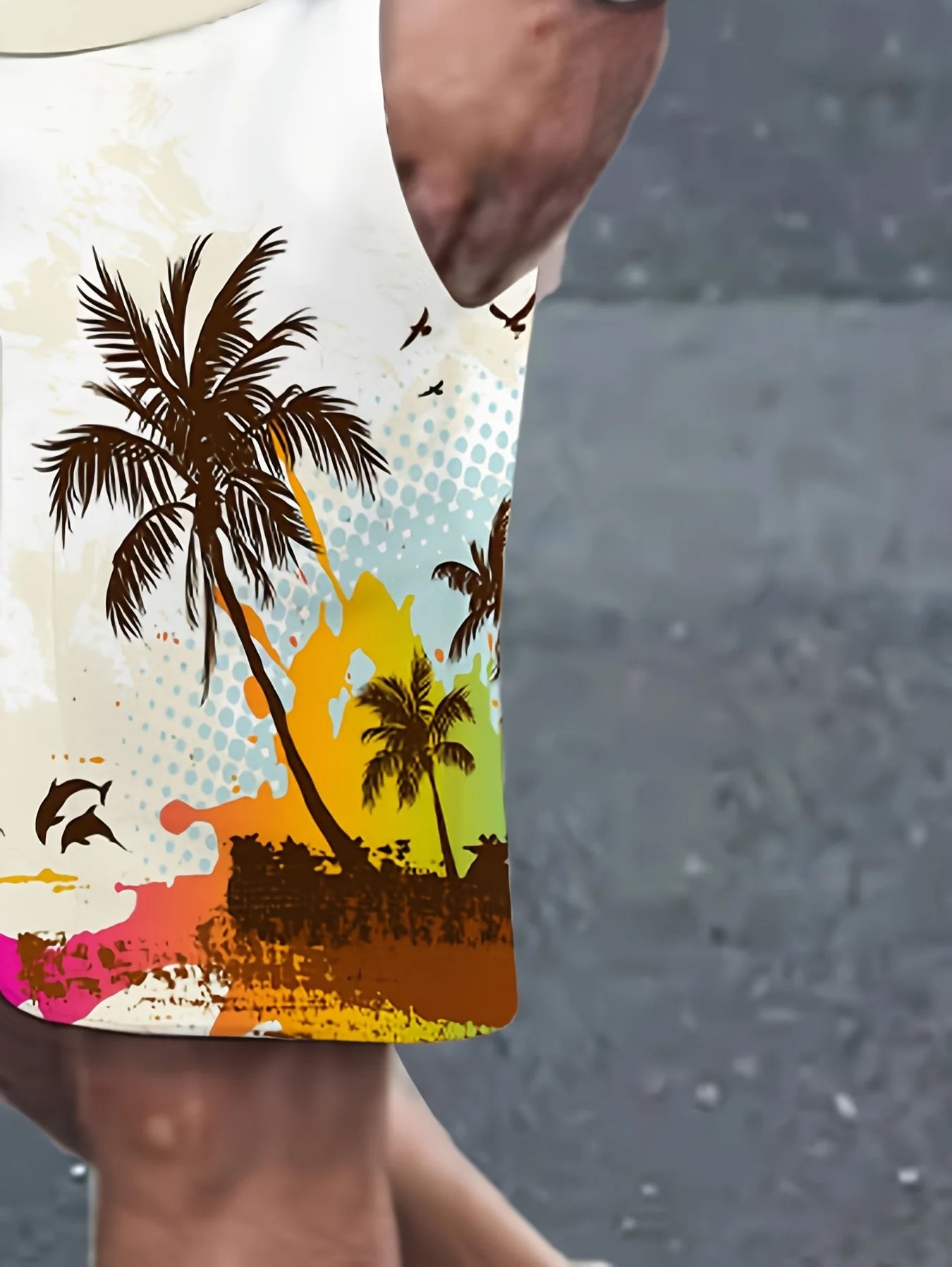 Summer men's casual short-sleeved suit with coconut tree sailboat print, casual and fashionable streetwear with shorts