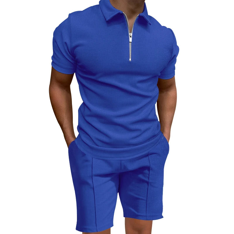 Cross border men's polo shirt set solid color waffle short sleeve slim lapel t-shirt casual men's shorts set