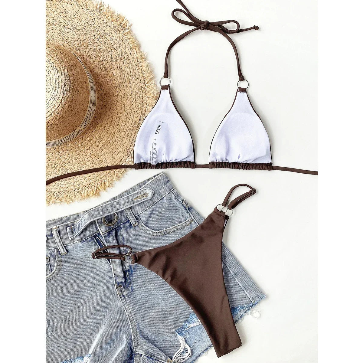 Solid Color Swimsuit Women 2 Piece Bikini  Triangle Cup Halter Lace-up Backless Bathing Suit Low Waist Summer Beachwear