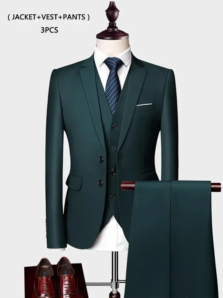 ( Jacket +Vest+ Pants ) Luxury Men's High-end Brand Solid Color Business Office Suit 3Pcs & 2Pcs Groom Wedding Party Suit Tuxedo