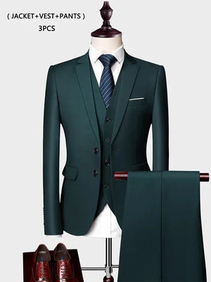 ( Jacket +Vest+ Pants ) Luxury Men's High-end Brand Solid Color Business Office Suit 3Pcs & 2Pcs Groom Wedding Party Suit Tuxedo