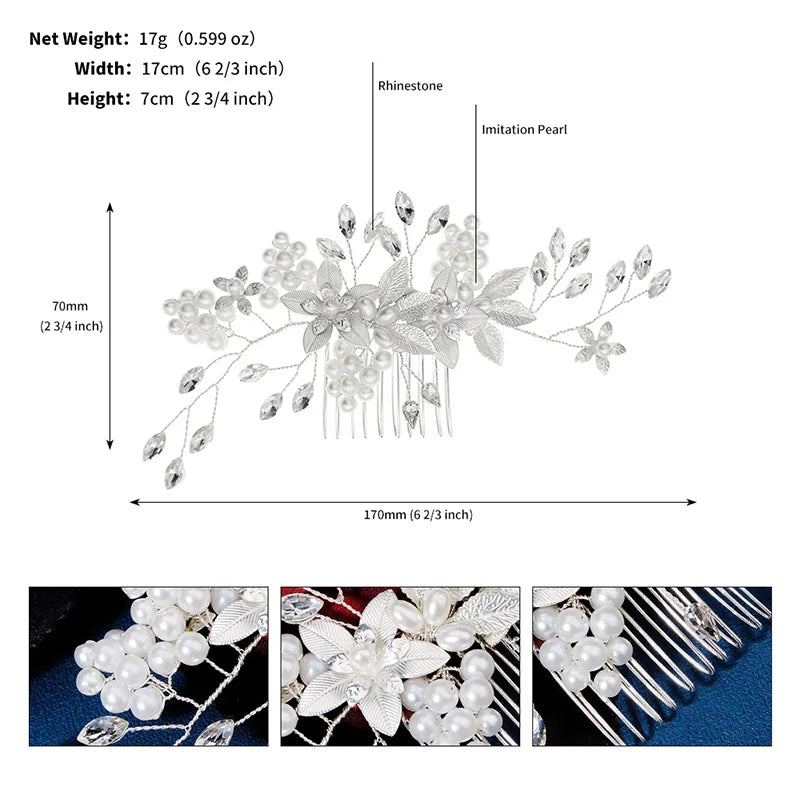 Silver Alloy Hair Comb Handmade Pearls Rhinestones Fashion Metal Headpiece Elegant Hair Jewelery Accessory For Women